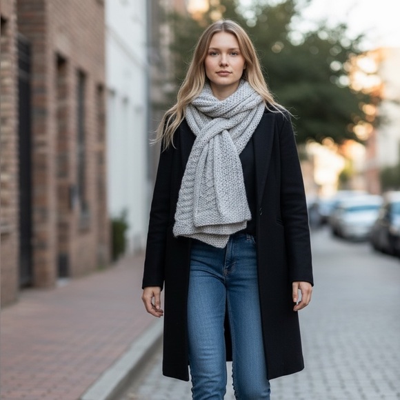 Hand Crafted Accessories - Scarf Hand Crafted Cable Silver Sage Green Oversize Elegant Knit Long Wrap r
